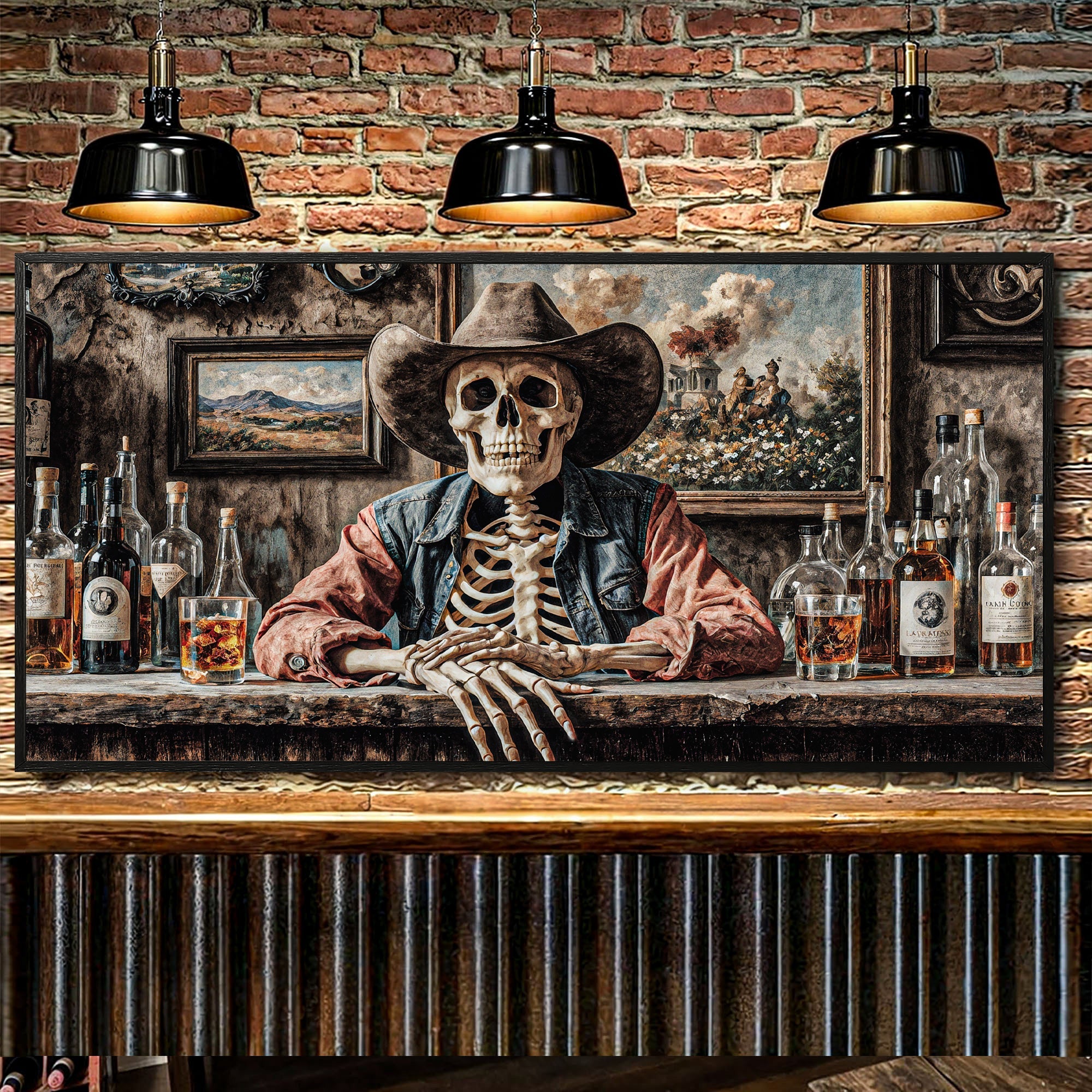 Skeleton Cowboy Barman At Western Saloon Wall Art