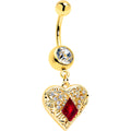 Red CZ Gem Gold Tone Heart Queen Dangle Belly Ring