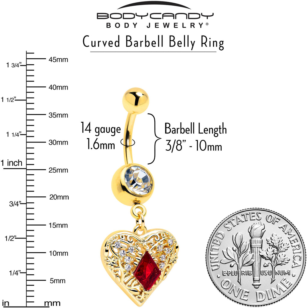 Red CZ Gem Gold Tone Heart Queen Dangle Belly Ring