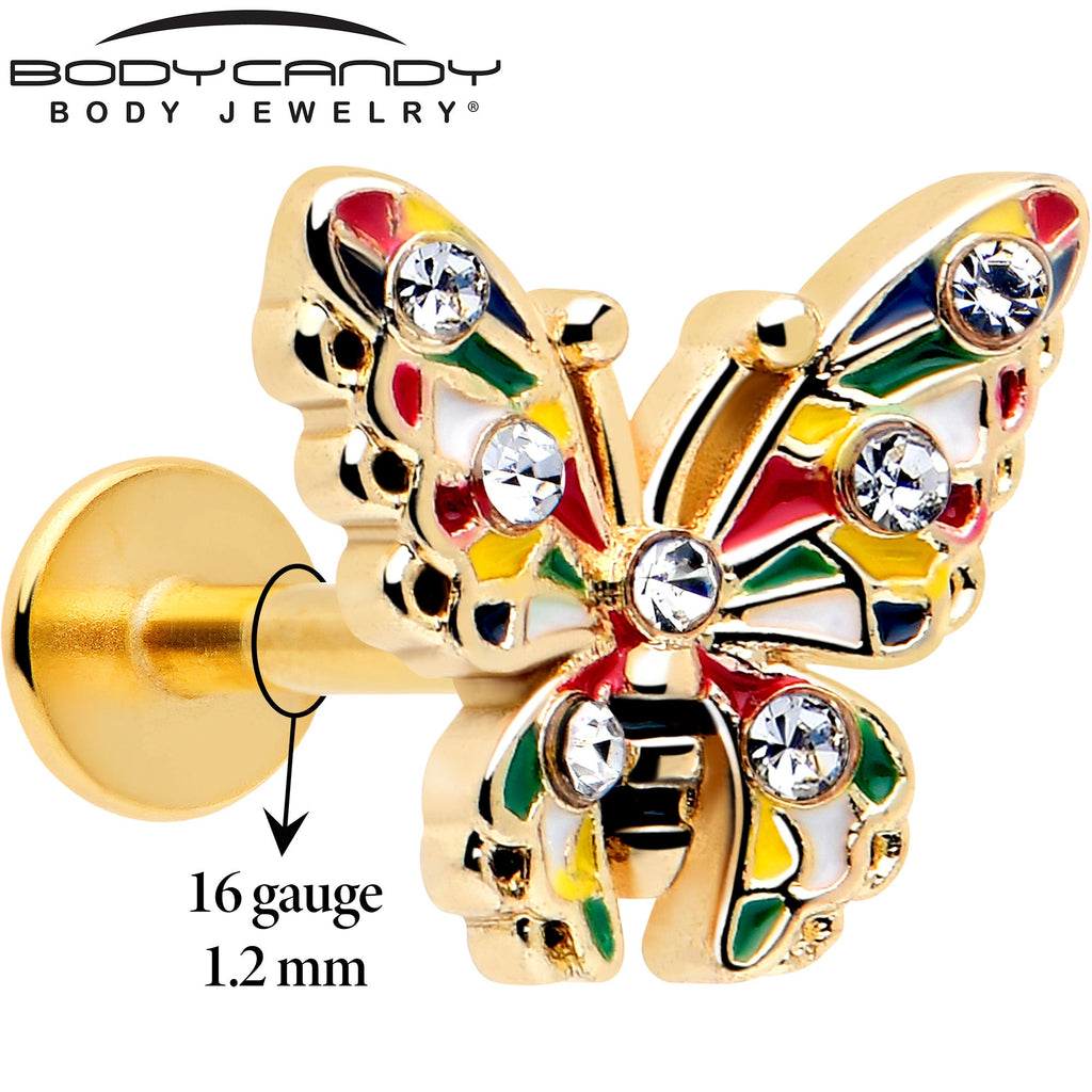 16G 1/4 Clear Gem Gold Tone Color Block Butterfly Labret
