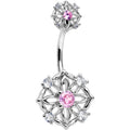 Pink CZ Gem Flower Circle Double Mount Belly Ring