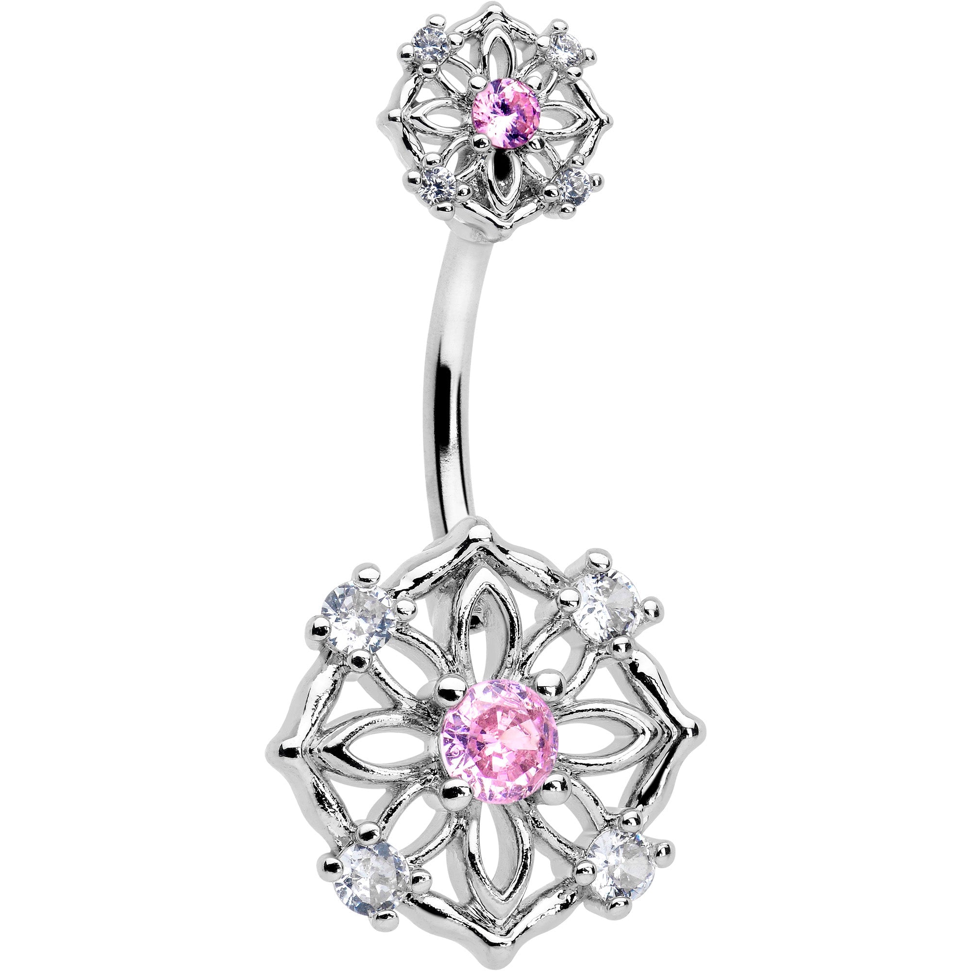 Pink CZ Gem Flower Circle Double Mount Belly Ring