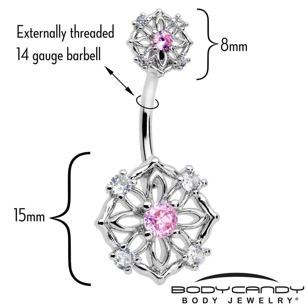 Pink CZ Gem Flower Circle Double Mount Belly Ring