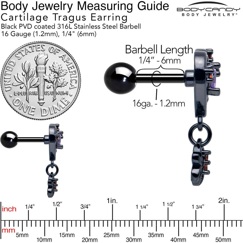 16G 1/4 Red CZ Gem Black Heart Spider Skull Dangle Cartilage Earring