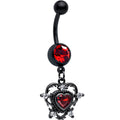 Red CZ Gem Black Double Heart Dangle Belly Ring