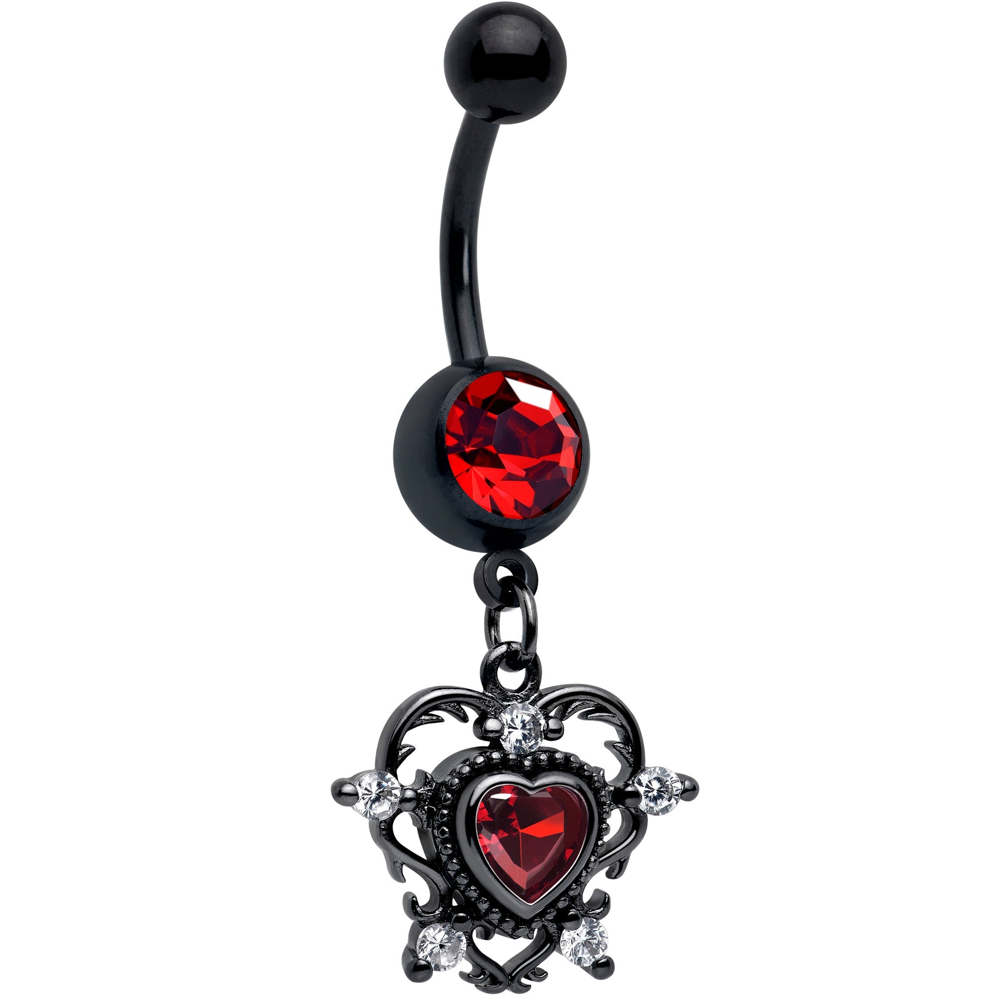 Red CZ Gem Black Double Heart Dangle Belly Ring