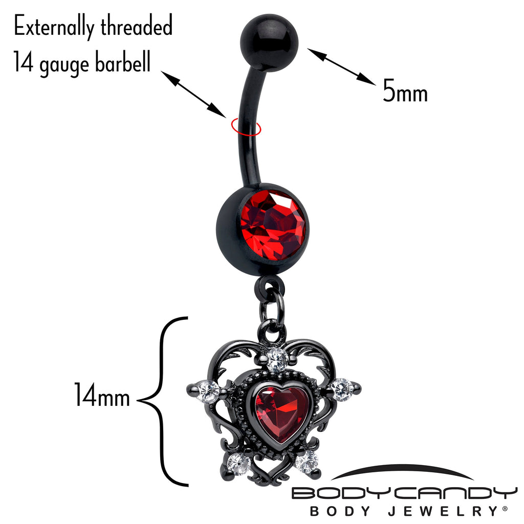 Red CZ Gem Black Double Heart Dangle Belly Ring