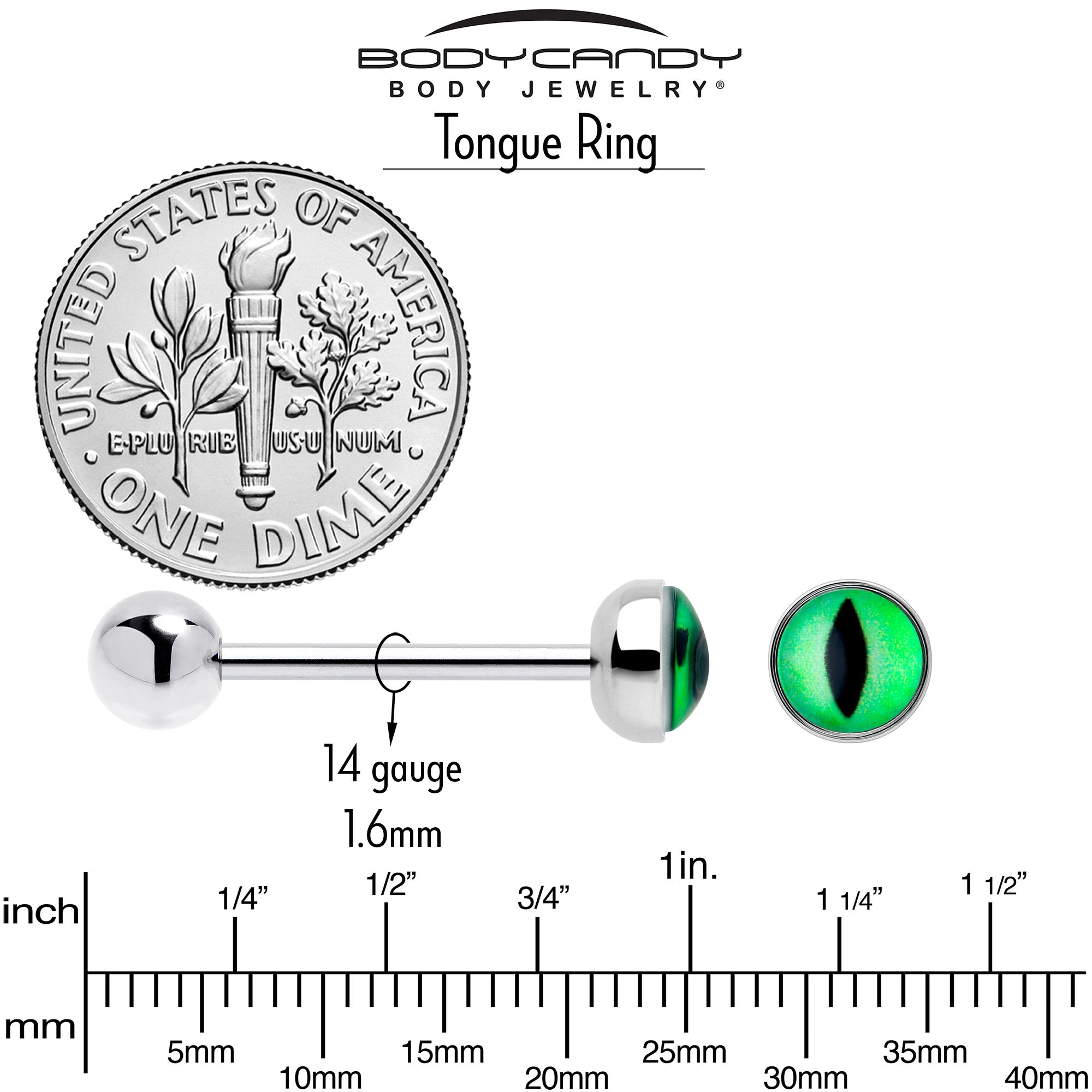 Kitty Green Eye UV Reactive Barbell Tongue Ring