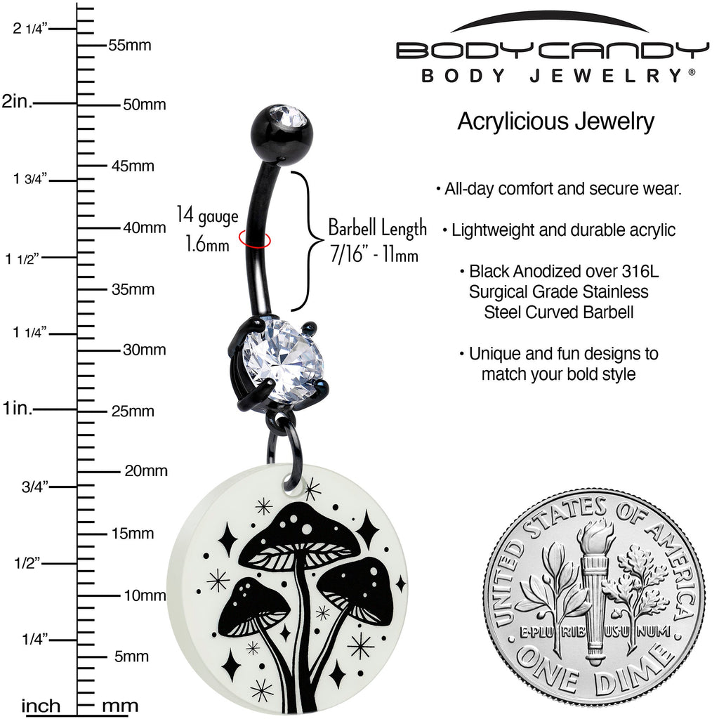 Black Double Gem Glow in the Dark Mystic Mushroom Dangle Belly Ring by Onyx O