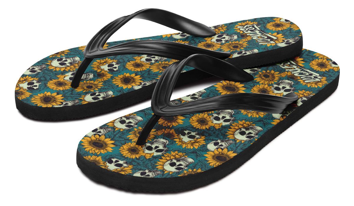 Sunflower And Skulls Flip Flops