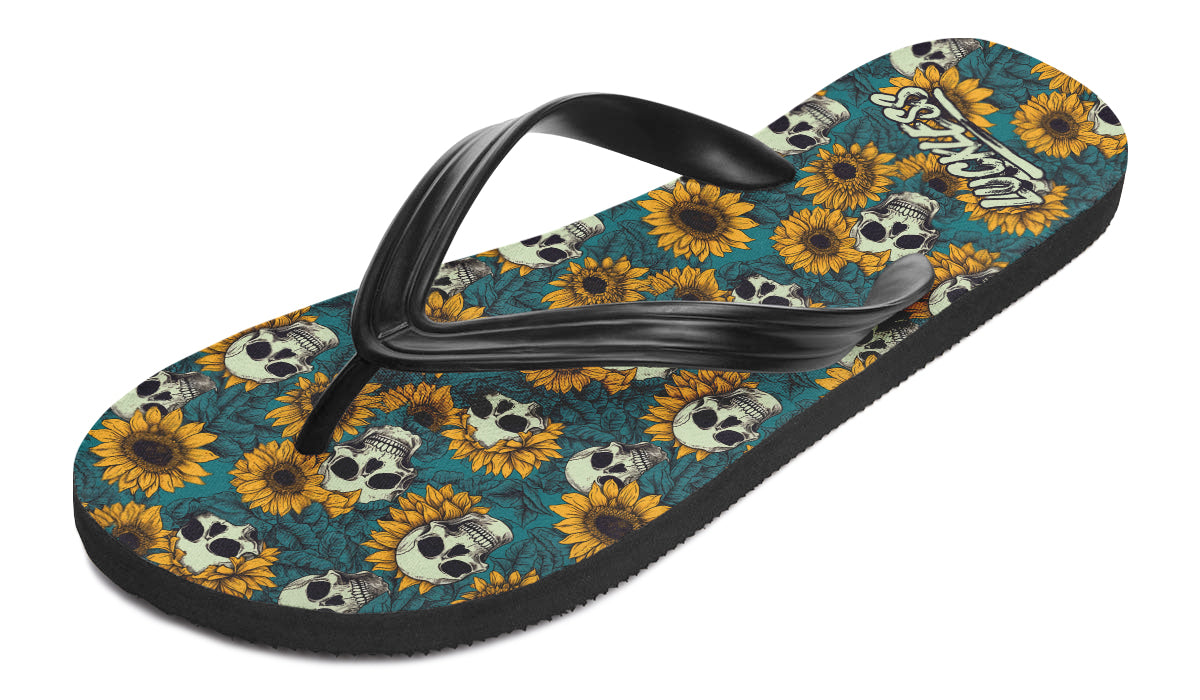 Sunflower And Skulls Flip Flops