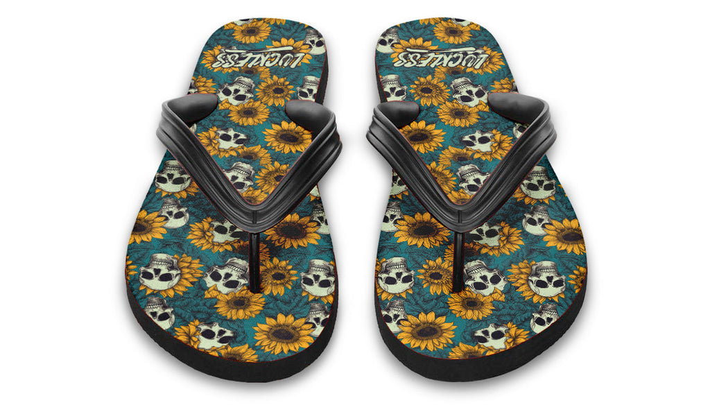 Sunflower And Skulls Flip Flops