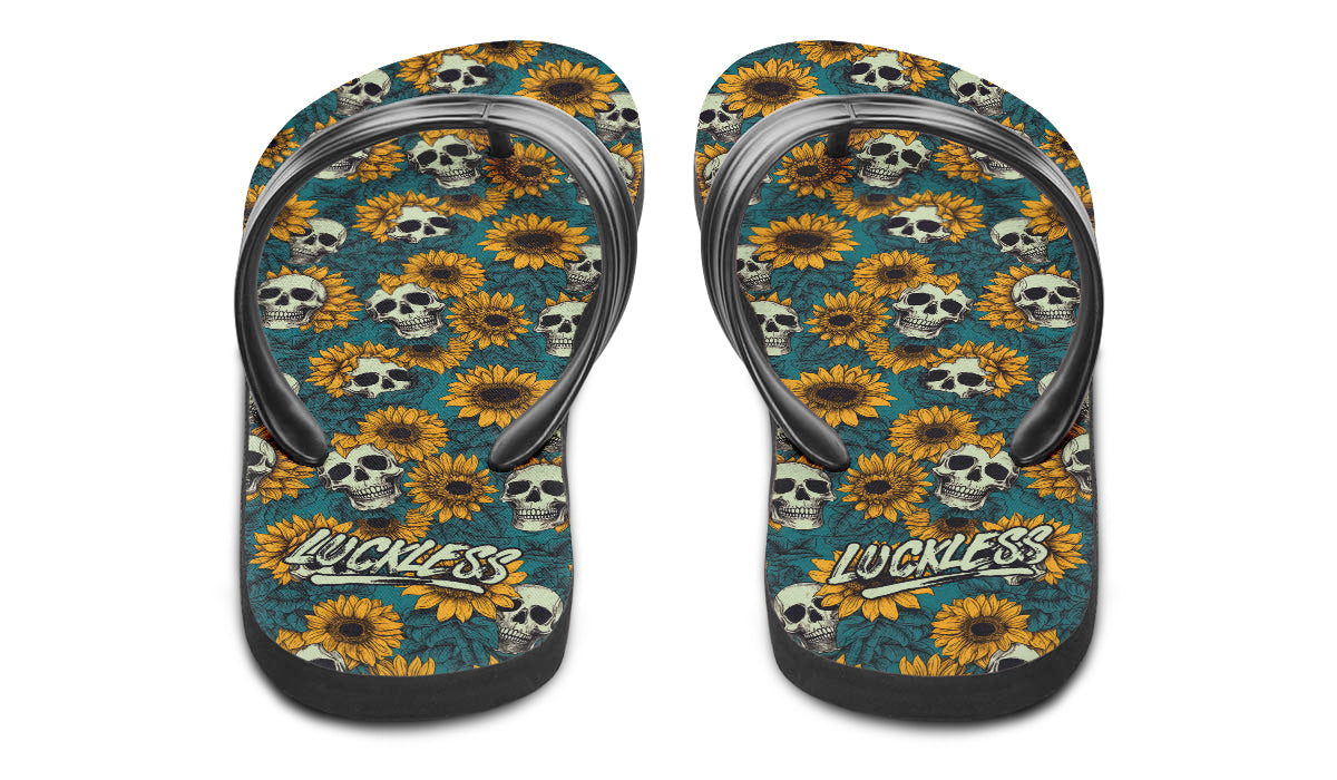 Sunflower And Skulls Flip Flops